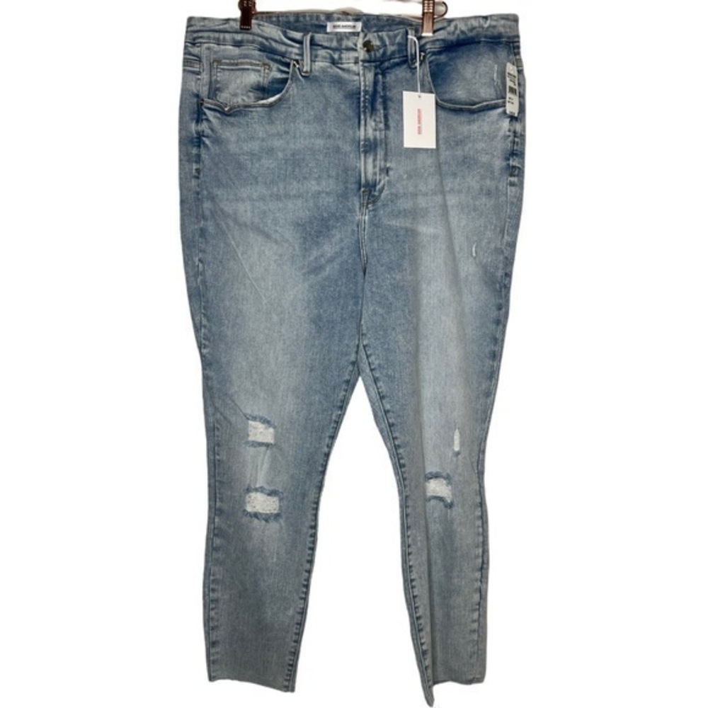 Good American Good Waist Crop Raw Edge Fray Hem Skinny Distressed Jeans PLUS